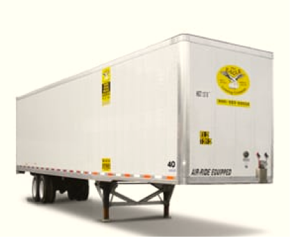 White semi-trailer truck trailer with yellow logo and text, standing without a tractor.