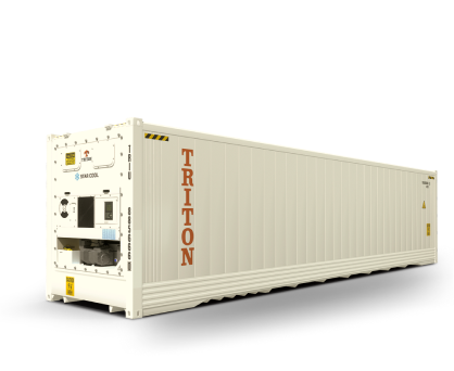 White refrigerated shipping container labeled TRITON, shown at an angle on a white background.